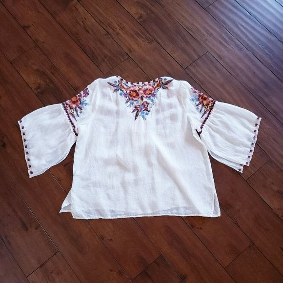 Johnny Was Workshop White Top Tunic Floral Embroidered Blouse 100% Ramie Size XL - Picture 4 of 8